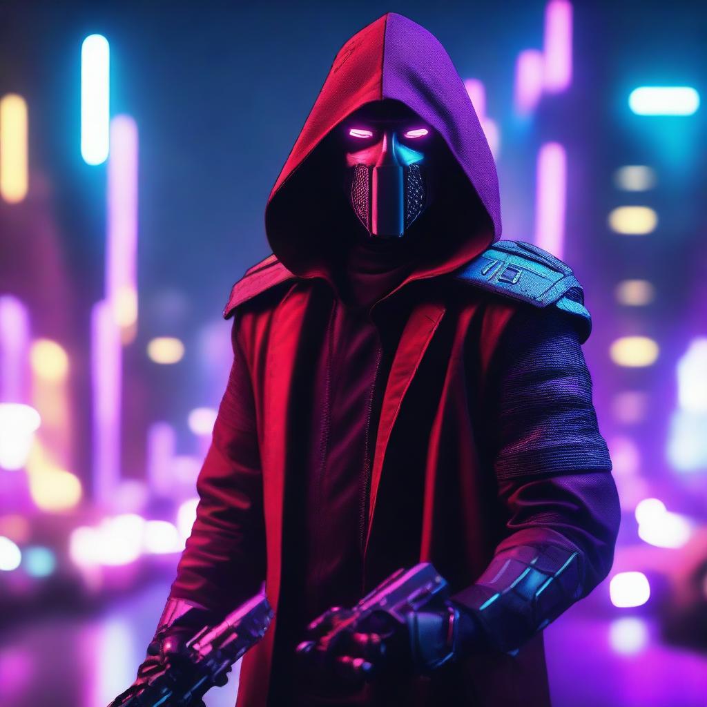 A portrait of a man with a scary mask and red hood, holding a purple lightsaber and cybergun