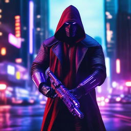 A portrait of a man with a scary mask and red hood, holding a purple lightsaber and cybergun