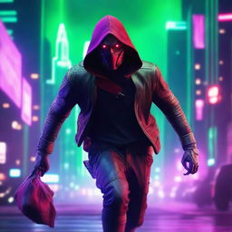 A portrait of a man with a scary mask and red hood, holding a purple lightsaber and an emerald bag, wearing full military armor