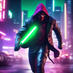 A portrait of a man with a scary mask and red hood, holding a purple lightsaber and an emerald bag, wearing full military armor