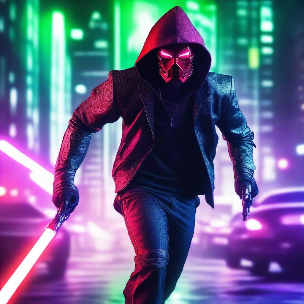 A portrait of a man with a scary mask and red hood, holding a purple lightsaber and an emerald bag, wearing full military armor