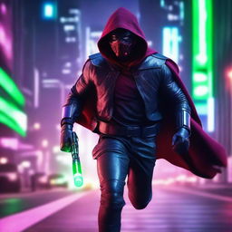 A portrait of a man with a scary mask and red hood, holding a purple lightsaber and an emerald bag, wearing full military armor