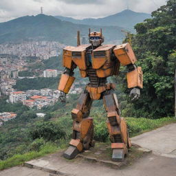 Large, powerful transformers in the urban landscape of Medellín, Colombia, with its iconic buildings in the background and lush greenery around.