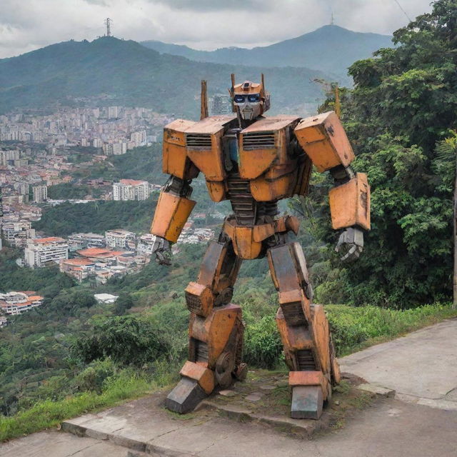 Large, powerful transformers in the urban landscape of Medellín, Colombia, with its iconic buildings in the background and lush greenery around.