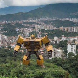 Large, powerful transformers in the urban landscape of Medellín, Colombia, with its iconic buildings in the background and lush greenery around.