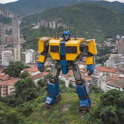 Large, powerful transformers in the urban landscape of Medellín, Colombia, with its iconic buildings in the background and lush greenery around.