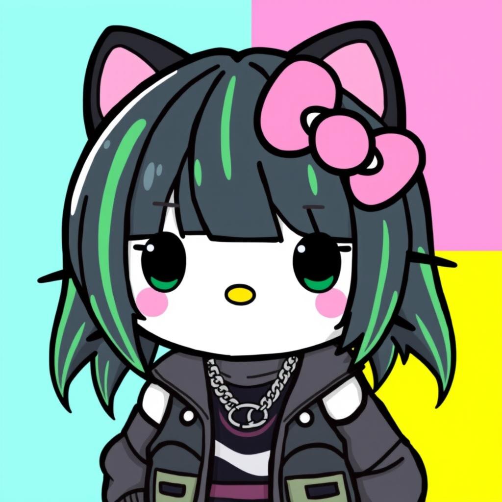 Create an image of a Hello Kitty character with a Billie Eilish theme