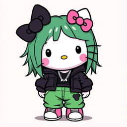 Create an image of a Hello Kitty character with a Billie Eilish theme