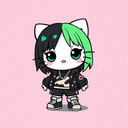 Create an image of a Hello Kitty character with a Billie Eilish theme