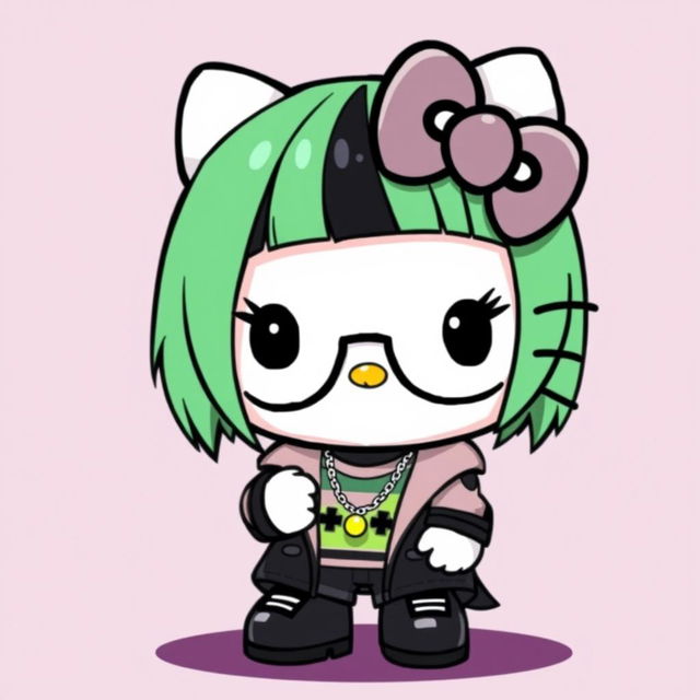 Create an image of a Hello Kitty character with a Billie Eilish theme