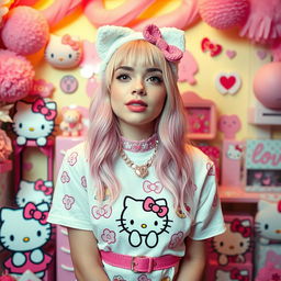 A vibrant and playful image featuring Billie Eilish dressed in a Hello Kitty-themed outfit