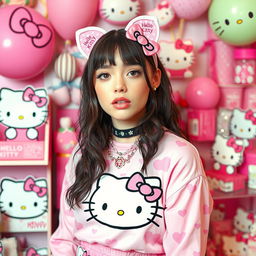 A vibrant and playful image featuring Billie Eilish dressed in a Hello Kitty-themed outfit