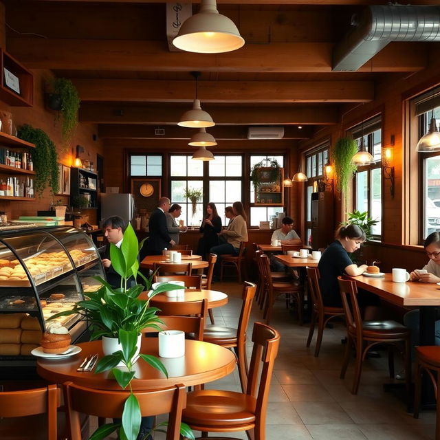 A cozy, charming cafe with wooden furniture, warm lighting, and a variety of pastries on display