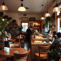 A cozy, charming cafe with wooden furniture, warm lighting, and a variety of pastries on display