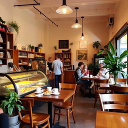 A cozy, charming cafe with wooden furniture, warm lighting, and a variety of pastries on display