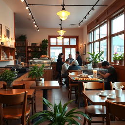 A cozy, charming cafe with wooden furniture, warm lighting, and a variety of pastries on display