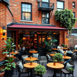 A New York style brick terrace cafe with outdoor seating