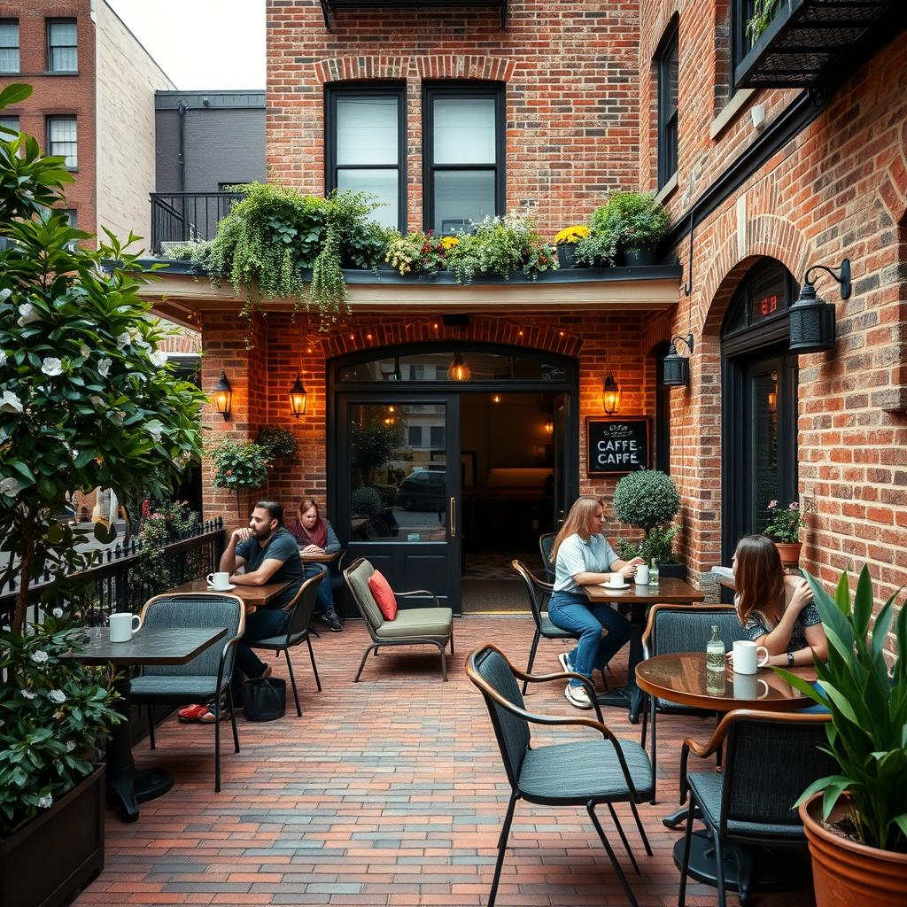 A New York style brick terrace cafe with outdoor seating