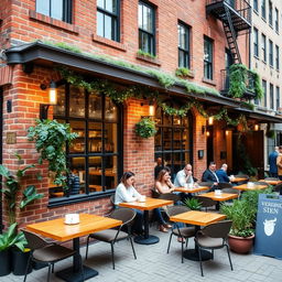 A New York style brick terrace cafe with outdoor seating