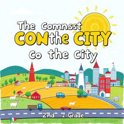 Create a book cover for a 2nd grade elementary school book about the contrast between the countryside and the city