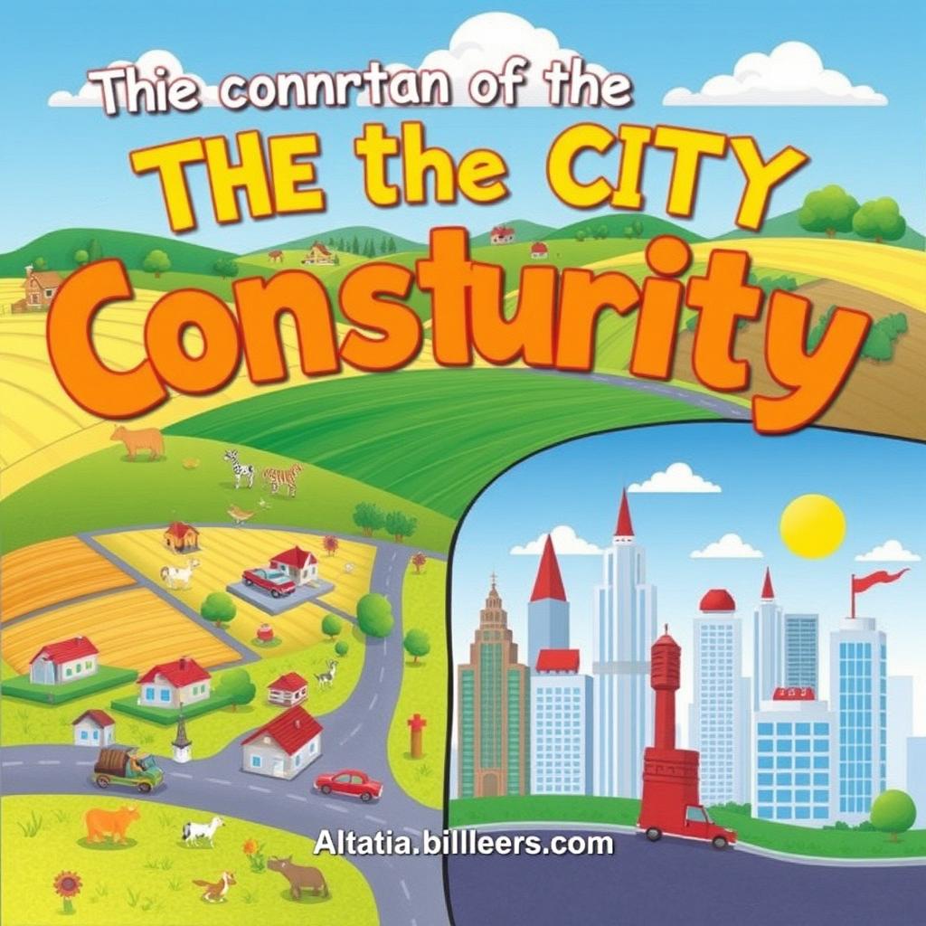 Create a book cover for a 2nd grade elementary school book about the contrast between the countryside and the city