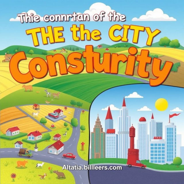 Create a book cover for a 2nd grade elementary school book about the contrast between the countryside and the city