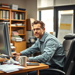 A man sitting at a desk, working on a computer