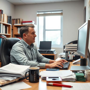 A man sitting at a desk, working on a computer