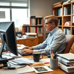 A man sitting at a desk, working on a computer