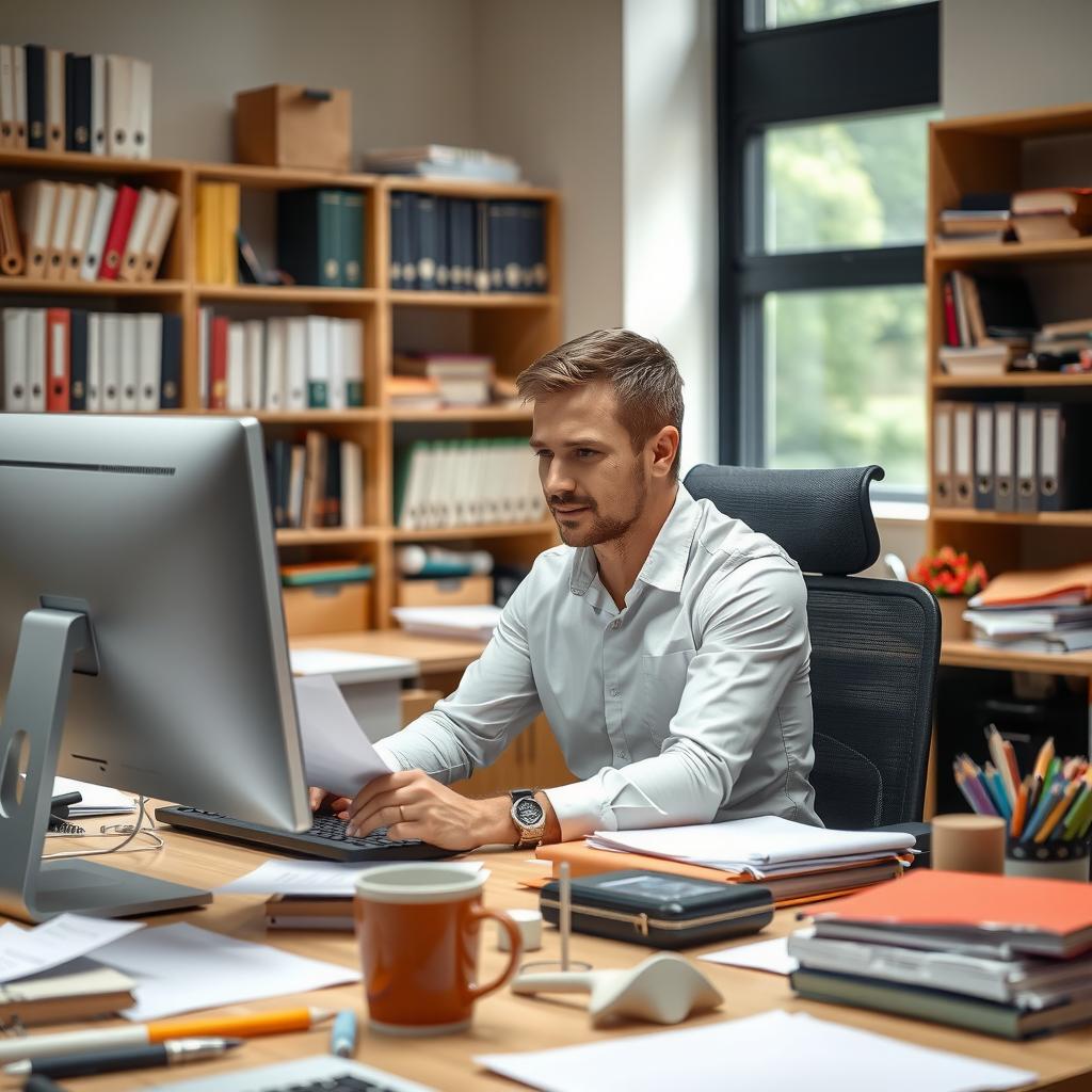 A man seated at a desk, working on a computer in a busy office environment with papers, a coffee mug, and office supplies