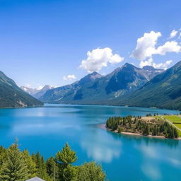 A beautiful landscape featuring a serene lake surrounded by mountains, with a clear blue sky and a few fluffy clouds