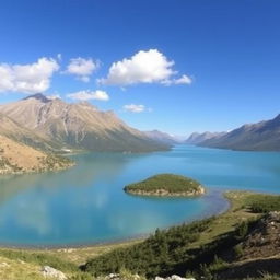 A beautiful landscape featuring a serene lake surrounded by mountains, with a clear blue sky and a few fluffy clouds