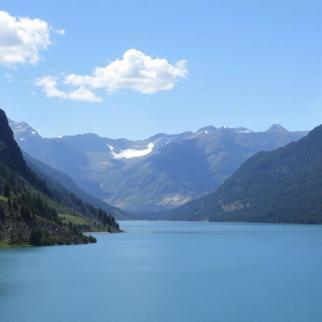 A beautiful landscape featuring a serene lake surrounded by mountains, with a clear blue sky and a few fluffy clouds