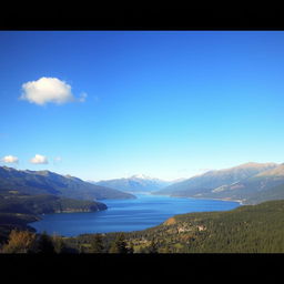 A beautiful landscape featuring a serene lake surrounded by mountains, with a clear blue sky and a few fluffy clouds