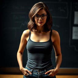 A sexy teacher in her 30s with glasses, wearing a bodysuit tucked into jeans