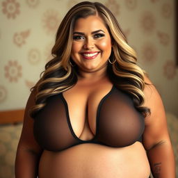 A thick and curvy woman around age 30 with dark blonde hair, dimples, and a big smile