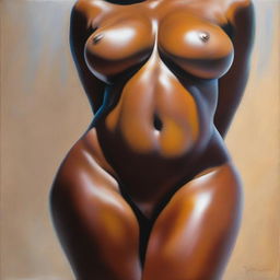 A polished, finished oil-based painting featuring a close-up, front view of the pelvic region of a sexy, slim black woman with wide hips and thick, close-together, shiny oiled thighs