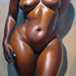 A polished, finished oil-based painting featuring a close-up, front view of the pelvic region of a sexy, slim black woman with wide hips and thick, close-together, shiny oiled thighs