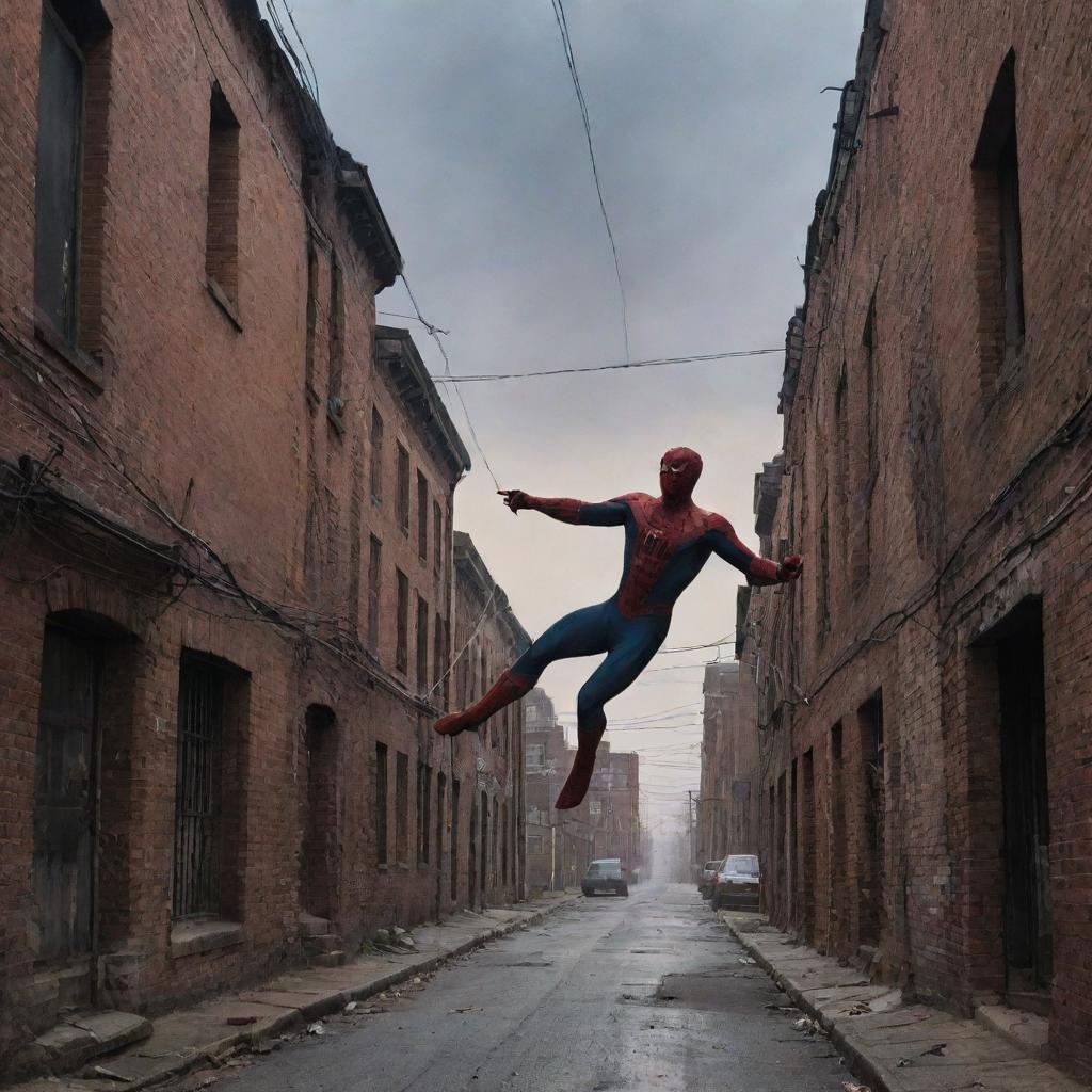 Spiderman swinging through narrow, poverty-stricken streets beneath a dusky sky. Old brick buildings and tangled telephone wires illustrate the surrounding.