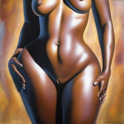 A polished, finished oil-based painting featuring a close-up, front view of the pelvic region of a sexy, slim black woman with wide hips and thick, close-together, shiny oiled thighs