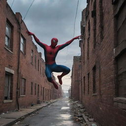 Spiderman swinging through narrow, poverty-stricken streets beneath a dusky sky. Old brick buildings and tangled telephone wires illustrate the surrounding.