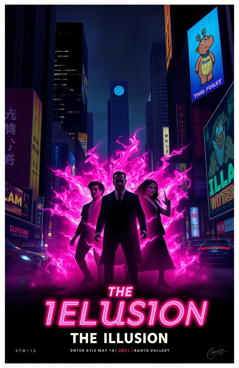 Create a dynamic and eye-catching poster for a movie titled 'The Illusion' in a neo-noir style with neon and urban side lighting