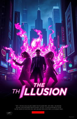 Create a dynamic and eye-catching poster for a movie titled 'The Illusion' in a neo-noir style with neon and urban side lighting