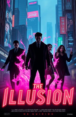 Create a dynamic and eye-catching poster for a movie titled 'The Illusion' in a neo-noir style with neon and urban side lighting