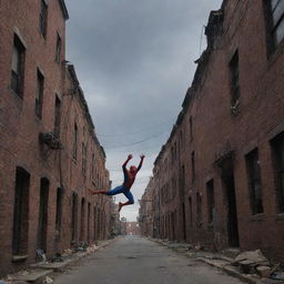 Spiderman swinging through narrow, poverty-stricken streets beneath a dusky sky. Old brick buildings and tangled telephone wires illustrate the surrounding.