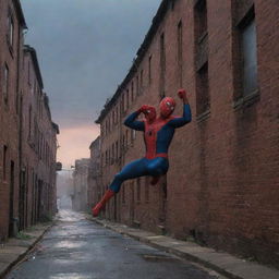 Spiderman swinging through narrow, poverty-stricken streets beneath a dusky sky. Old brick buildings and tangled telephone wires illustrate the surrounding.