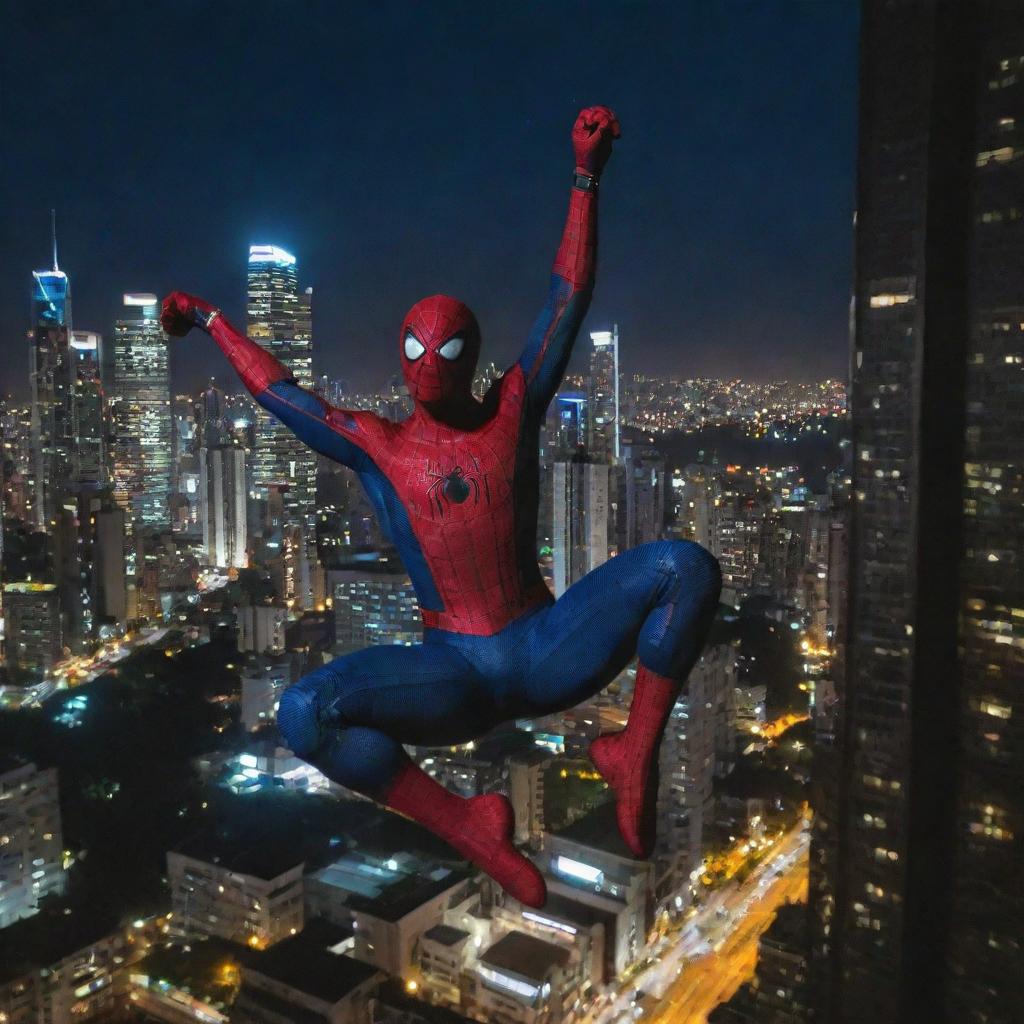 Spiderman swinging amidst the modern skyscrapers of Medellín, Colombia, with the bright city lights reflecting off his suit