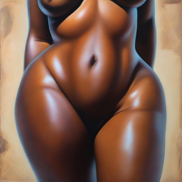 A polished, finished oil-based painting featuring a close-up, front view of the pelvic region of a sexy, slim black woman with wide hips and thick, close-together, shiny oiled thighs