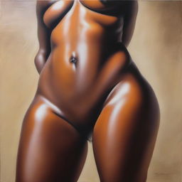 A polished, finished oil-based painting featuring a close-up, front view of the pelvic region of a sexy, slim black woman with wide hips and thick, close-together, shiny oiled thighs