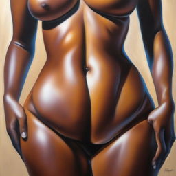 A polished, finished oil-based painting featuring a close-up, front view of the pelvic region of a sexy, slim black woman with wide hips and thick, close-together, shiny oiled thighs